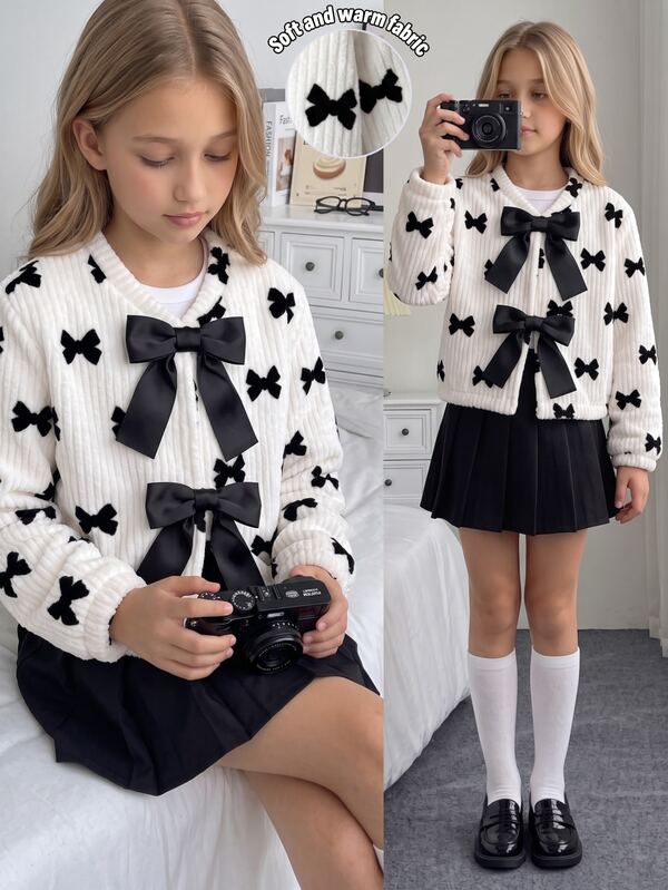 SHEIN Elladie kids Jaket Pendek Berbulu Lembut Gaya Manis Anak Perempuan Motif Pita Vertikal Hitam & Putih, Atasan Bergaris Krem Putih dengan Cetakan Pita Hitam di Seluruh Permukaan, Dekorasi Pita, Lengan Panjang Longgar dengan Bahu Jatuh, Potongan Pendek Pinggang Tinggi, Jaket Lembut Manis Estetika Anak Perempuan Musim Gugur/Dingin