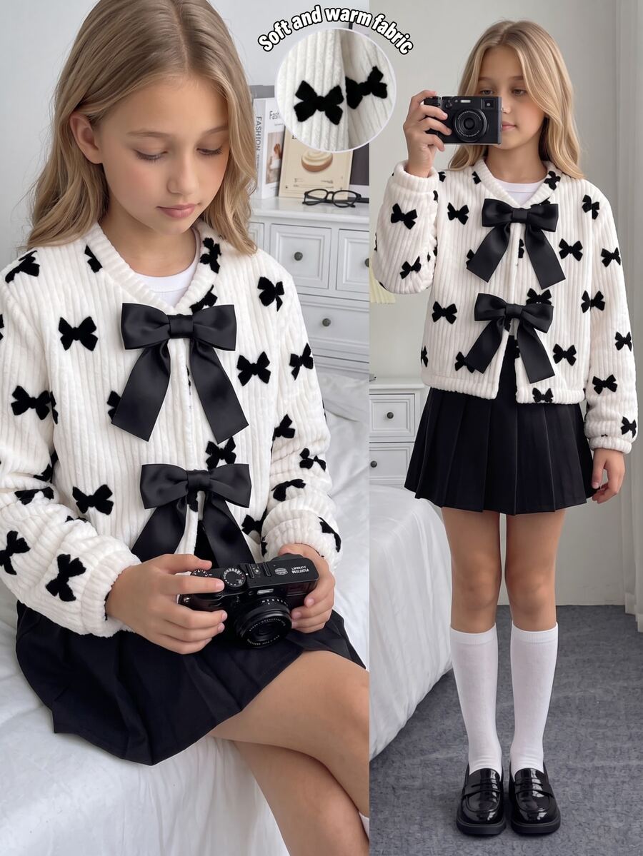 SHEIN Elladie kids 青少年女孩夾克，黑白配色，休閒版型，秋冬保暖，時尚百搭，拉鍊設計，抓絨，連帽，純色，優雅簡約