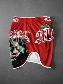 PAVTROS Men's Plus Size Letter & Character Print Elastic Waist Casual Shorts - Red - View 6