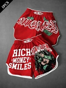 PAVTROS Men's Plus Size Letter & Character Print Elastic Waist Casual Shorts - Red - View 1