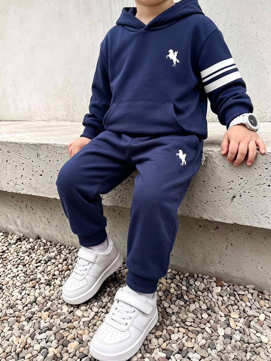 SHEIN Young Boy Horse & Striped Print Kangaroo Pocket Hoodie & Sweatpants Set - Multicolor - View 1