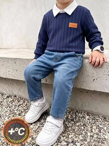 SHEIN 2pcs/Set Kids Young Boy Autumn/Winter Casual Ribbed Blue Sweatshirt And Blue Jeans Outfit, Sweatshirt Set, Autumn/Winter Set, Boys Outfit, School Uniform Set - Multicolor - View 1