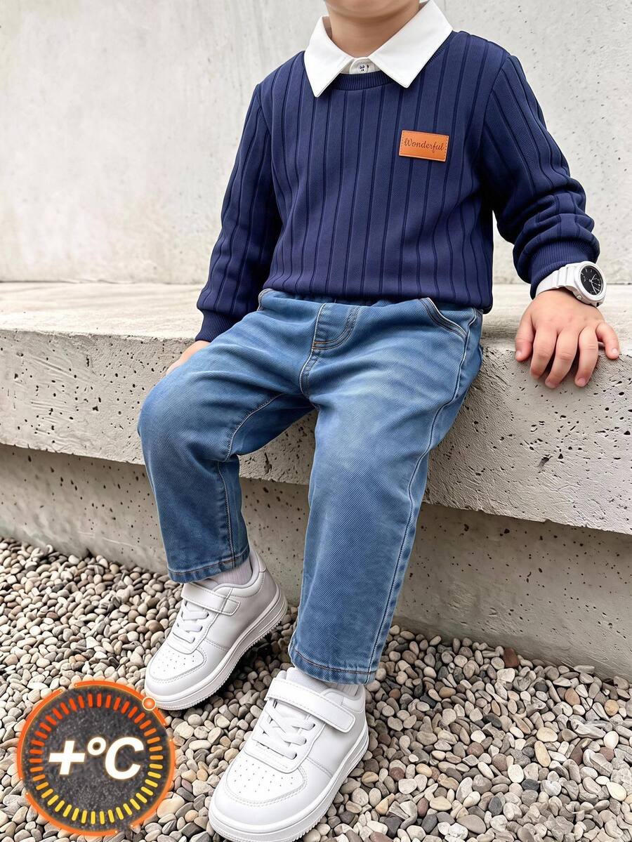 SHEIN 2pcs/Set Kids Young Boy Autumn/Winter Casual Ribbed Blue Sweatshirt And Blue Jeans Outfit, Sweatshirt Set, Autumn/Winter Set, Boys Outfit, School Uniform Set - Multicolor - View 1