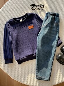 SHEIN 2pcs/Set Kids Young Boy Autumn/Winter Casual Ribbed Blue Sweatshirt And Blue Jeans Outfit, Sweatshirt Set, Autumn/Winter Set, Boys Outfit, School Uniform Set - Multicolor - View 9