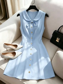 SHEIN PariChic 法式甜美彼得潘領洋裝，綁帶收腰與鈕扣設計，A字短洋裝，情人節約會之夜、復活節，嬰兒藍夏季款 - 藍色 - 查看 4