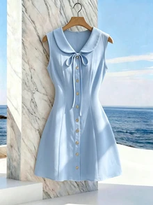 SHEIN PariChic 法式甜美彼得潘領洋裝，綁帶收腰與鈕扣設計，A字短洋裝，情人節約會之夜、復活節，嬰兒藍夏季款 - 藍色 - 查看 3