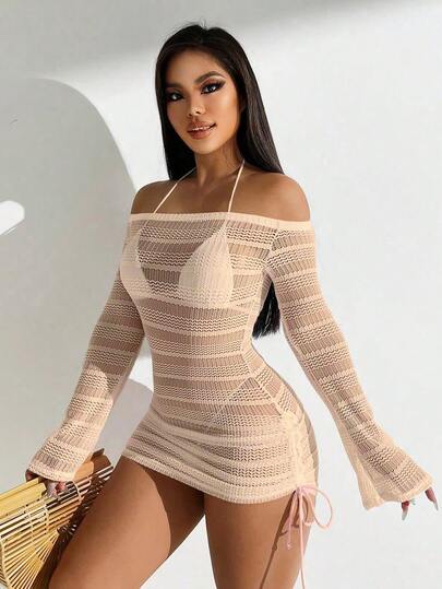 Swim Vcay 1pc Women Solid Color Long Sleeve Cover Up, Fashionable For Summer