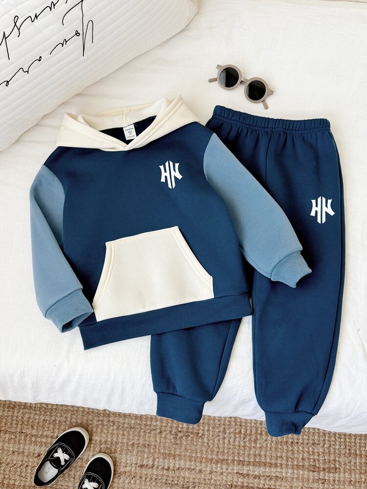 SHEIN 2pcs/Set Kids Young Boy Autumn/Winter Colorblock Knitted Soft Hooded Long Sleeve Pullover Sweatshirt And Elastic Waist Long Pants Set, Boys Outfit - Multicolor - View 4