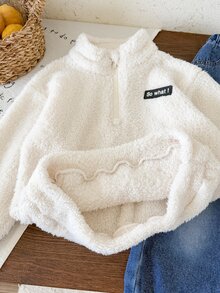 SHEIN 2件組兒童小男孩秋冬休閒抓絨立領夾克與藍色牛仔褲套裝，抓絨衛衣套裝，秋冬男孩套裝 - 彩色 - 查看 4