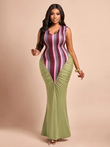 Brilight Sxy Contrast Striped Patchwork Maxi Dress Sleeveless Deep V Ruched Bodycon Mermaid Long Dress For Co - Red - View 8