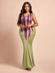 Brilight Sxy Contrast Striped Patchwork Maxi Dress Sleeveless Deep V Ruched Bodycon Mermaid Long Dress For Co - Red - View 9