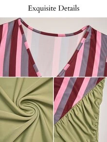 Brilight Sxy Contrast Striped Patchwork Maxi Dress Sleeveless Deep V Ruched Bodycon Mermaid Long Dress For Co - Red - View 10