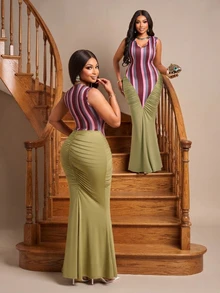 Brilight Sxy Contrast Striped Patchwork Maxi Dress Sleeveless Deep V Ruched Bodycon Mermaid Long Dress For Co - Red - View 4
