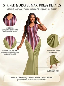 Brilight Sxy Contrast Striped Patchwork Maxi Dress Sleeveless Deep V Ruched Bodycon Mermaid Long Dress For Co - Red - View 5