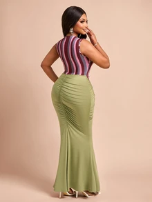 Brilight Sxy Contrast Striped Patchwork Maxi Dress Sleeveless Deep V Ruched Bodycon Mermaid Long Dress For Co - Red - View 3