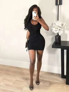 BamGleam Women's Short Sleeve Fitted Sexy Disco Mesh Dress Halloween Club Party Black Summer - Black - View 5