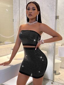 BamGleam Conjunto De Top Sin Tirantes Y Mini Falda Ceñida Al Cuerpo Para Mujeres Con Decoración De Pedrería - Negro - Ver 7
