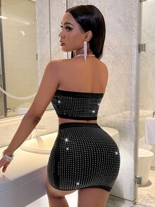 BamGleam Conjunto De Top Sin Tirantes Y Mini Falda Ceñida Al Cuerpo Para Mujeres Con Decoración De Pedrería - Negro - Ver 3