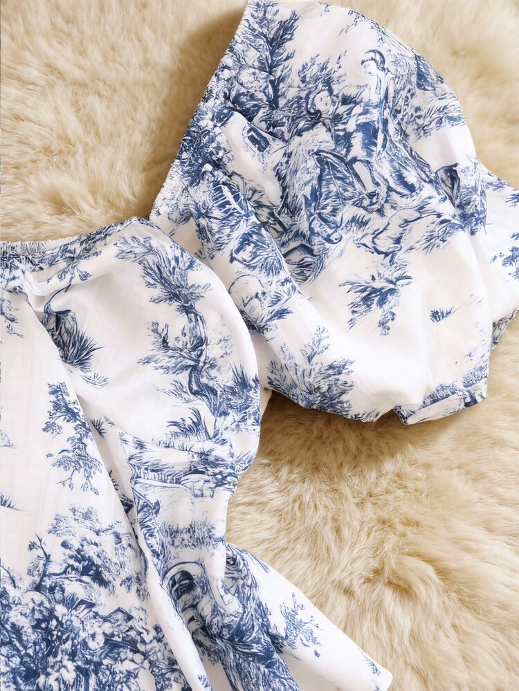 Roelina Casual Elegant Floral Print Petal Sleeve Women Top Holiday Holiday Tea Party Blue White Summer - White - View 5