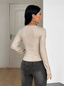 Coolane 女款秋冬外出性感 Y2K 時尚日常休閒復古波希米亞約會夜穿對比蕾絲米色修身 V 領長袖保暖 T 恤 - 白色 - 查看 8