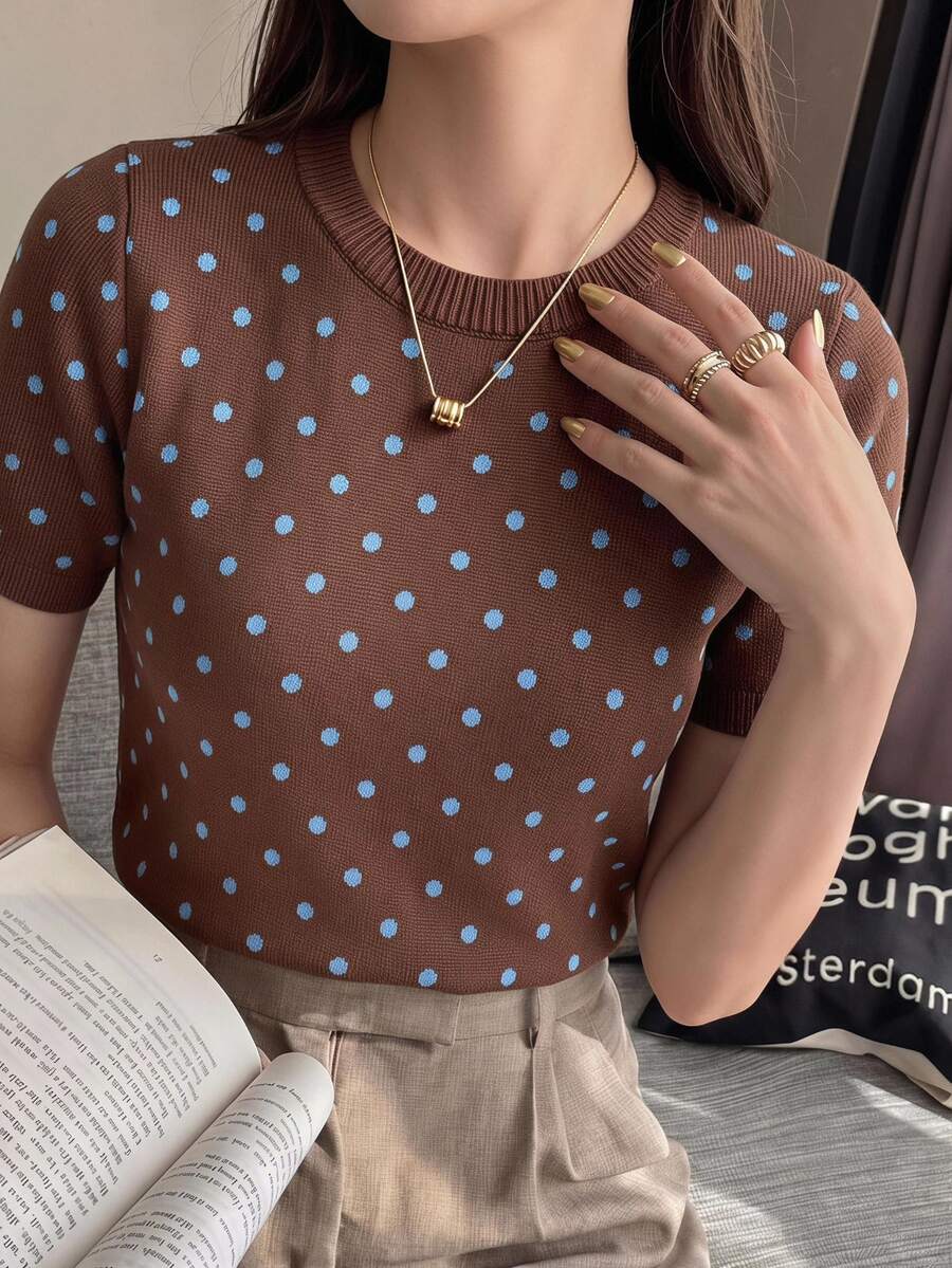 Serisse Atasan Rajut Kasual Lengan Pendek Motif Polkadot Wanita - MultiWarna - View 1