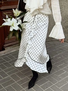Serisse Women's Polka Dot Ruffle Long Skirt Frenchy,Elegant Polka Dot Ruffle Asymmetrical Skirt - Black and White - View 9