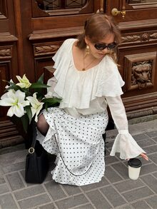Serisse Women's Polka Dot Ruffle Long Skirt Frenchy,Elegant Polka Dot Ruffle Asymmetrical Skirt - Black and White - View 6