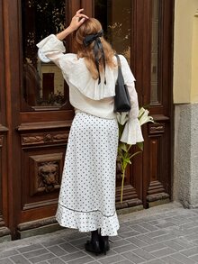 Serisse Women's Polka Dot Ruffle Long Skirt Frenchy,Elegant Polka Dot Ruffle Asymmetrical Skirt - Black and White - View 2
