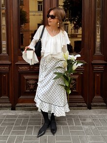 Serisse Women's Polka Dot Ruffle Long Skirt Frenchy,Elegant Polka Dot Ruffle Asymmetrical Skirt - Black and White - View 10