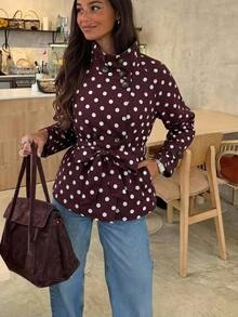 Serisse Women's White Polka Dot Print Belted Trench Coat Office Fall Elegant - Brown - View 1