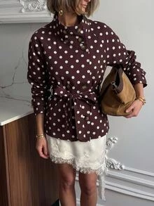 Serisse Women's White Polka Dot Print Belted Trench Coat Office Fall Elegant - Brown - View 5