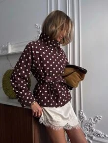 Serisse Women's White Polka Dot Print Belted Trench Coat Office Fall Elegant - Brown - View 3