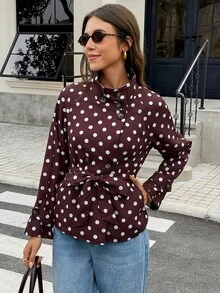 Serisse Women's White Polka Dot Print Belted Trench Coat Office Fall Elegant - Brown - View 7