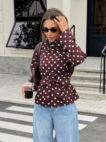 Serisse Women's White Polka Dot Print Belted Trench Coat Office Fall Elegant - Brown - View 9