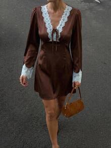 SHEIN Frenchy Women's Lace Patchwork V-Neck Casual Everyday Dress - Brown - View 5