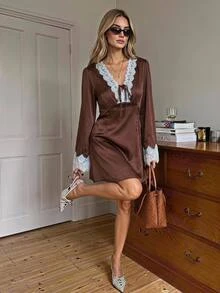 SHEIN Frenchy Women's Lace Patchwork V-Neck Casual Everyday Dress - Brown - View 4