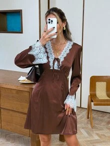 SHEIN Frenchy Women's Lace Patchwork V-Neck Casual Everyday Dress - Brown - View 8