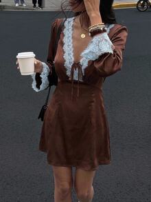 SHEIN Frenchy Women's Lace Patchwork V-Neck Casual Everyday Dress - Brown - View 3