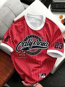 HypeHours 經典校園運動風復古街頭機能風 California 23 短袖 T-shirt 紅白條紋直條紋棒球球衣 夏季款 - 彩色 - 查看 1