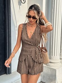 Serisse Women's Striped V-Neck Top And Shorts Casual Daily 2 Pieces Set - Coffee Brown - View 3