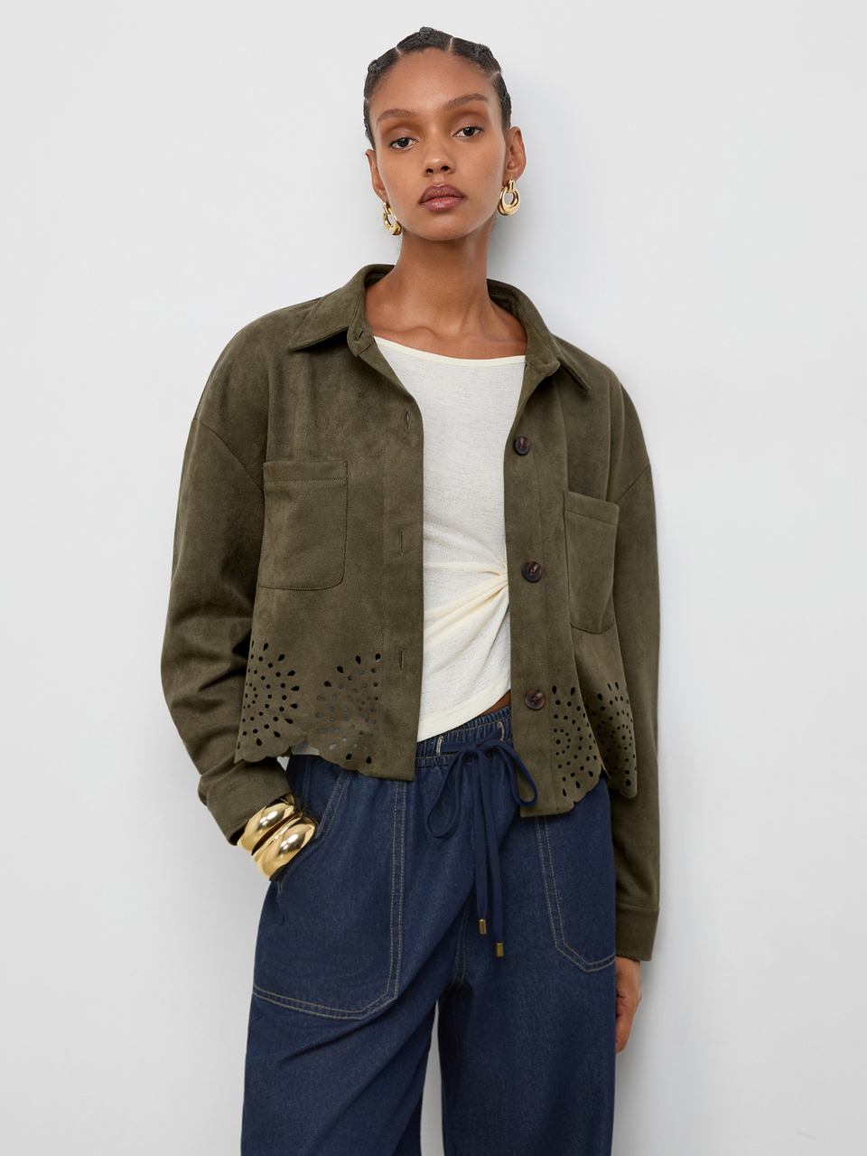SHEIN Maija Olive Green Women's Suede Jacket, Long Sleeve, Shirt Collar, Hollow-Out Carved Hem Everyday Work Autumn Casual