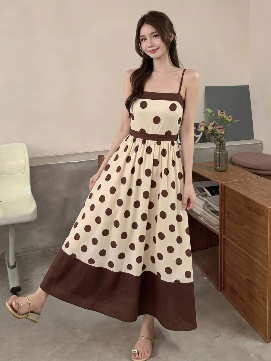 Serisse Women's Polka Dot Spaghetti Strap Waist-Cinching A-Line Dress