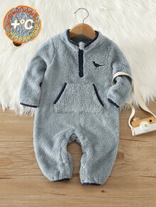 SHEIN 男嬰秋冬休閒可愛毛絨藍色連身衣，嬰兒連身衣，秋冬連身衣 - 彩色 - 查看 4