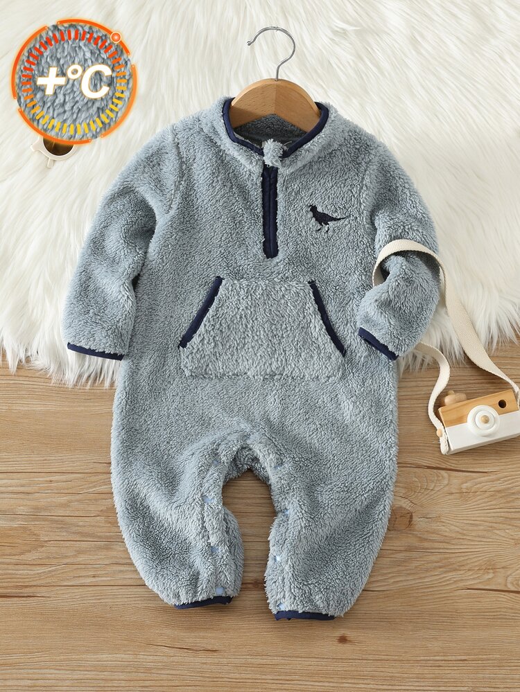 SHEIN Baby Boy Autumn/Winter Casual Cute Fuzzy Blue Jumpsuit, Infant Jumpsuit, Autumn/Winter Jumpsuit - Multicolor - View 3