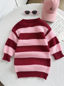 SHEIN Girls' Color Block Striped Casual Elegant Minimalist Sweater Dress, Round Neck Pink Long Sleeve Pullover Knit Dress, Preppy Style Warm And Comfortable For Daily Wear, Autumn/Winter - Multicolor - View 5