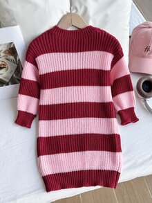 SHEIN Girls' Color Block Striped Casual Elegant Minimalist Sweater Dress, Round Neck Pink Long Sleeve Pullover Knit Dress, Preppy Style Warm And Comfortable For Daily Wear, Autumn/Winter - Multicolor - View 2