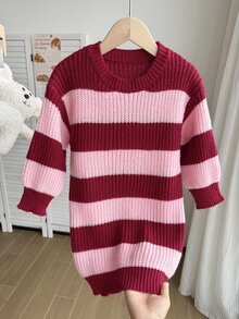 SHEIN Girls' Color Block Striped Casual Elegant Minimalist Sweater Dress, Round Neck Pink Long Sleeve Pullover Knit Dress, Preppy Style Warm And Comfortable For Daily Wear, Autumn/Winter - Multicolor - View 4