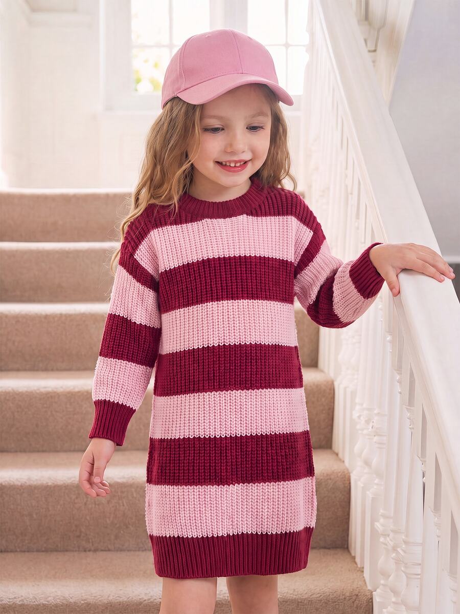 SHEIN Girls' Color Block Striped Casual Elegant Minimalist Sweater Dress, Round Neck Pink Long Sleeve Pullover Knit Dress, Preppy Style Warm And Comfortable For Daily Wear, Autumn/Winter - Multicolor - View 1