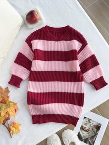 SHEIN Girls' Color Block Striped Casual Elegant Minimalist Sweater Dress, Round Neck Pink Long Sleeve Pullover Knit Dress, Preppy Style Warm And Comfortable For Daily Wear, Autumn/Winter - Multicolor - View 6