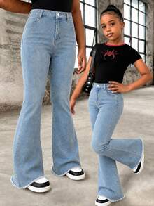 SHEIN TWEEN GIRLS Vintage Washed Color Denim Jeans, Street Style, Distressed Hem Flare Leg, Fashionable New Design Autumn Fall - Medium Wash - View 4